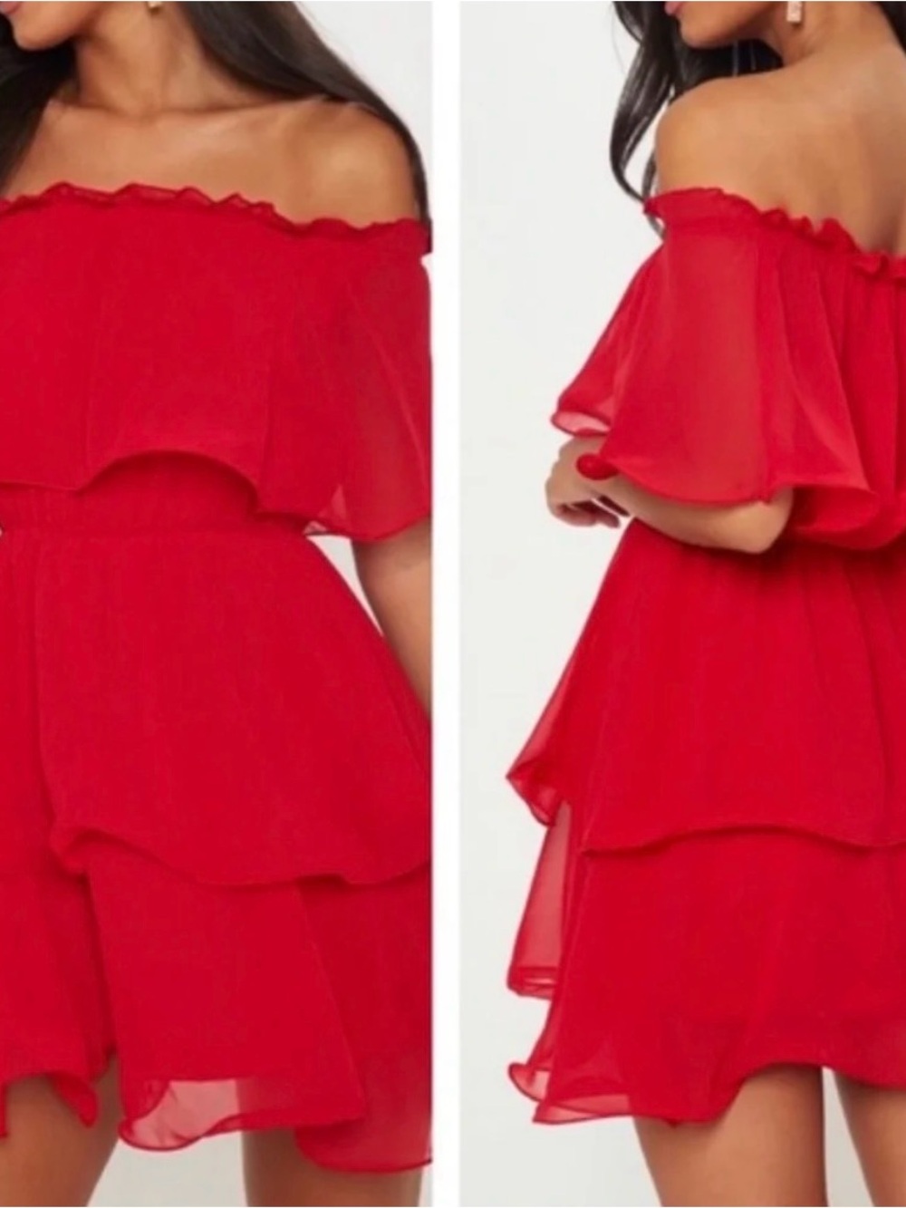 PrettyLittleThing Red Off-Shoulder Tiered Dress